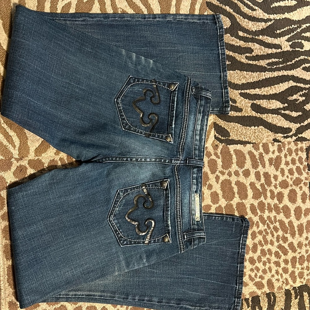 Dark blue Jeans w/black designs on pockets, REROCK by Express. Size 8 Short.